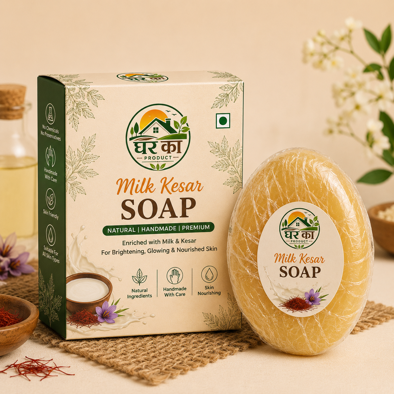 Natural handmade Milk Kesar Soap by Ghar Ka Product enriched with milk and saffron