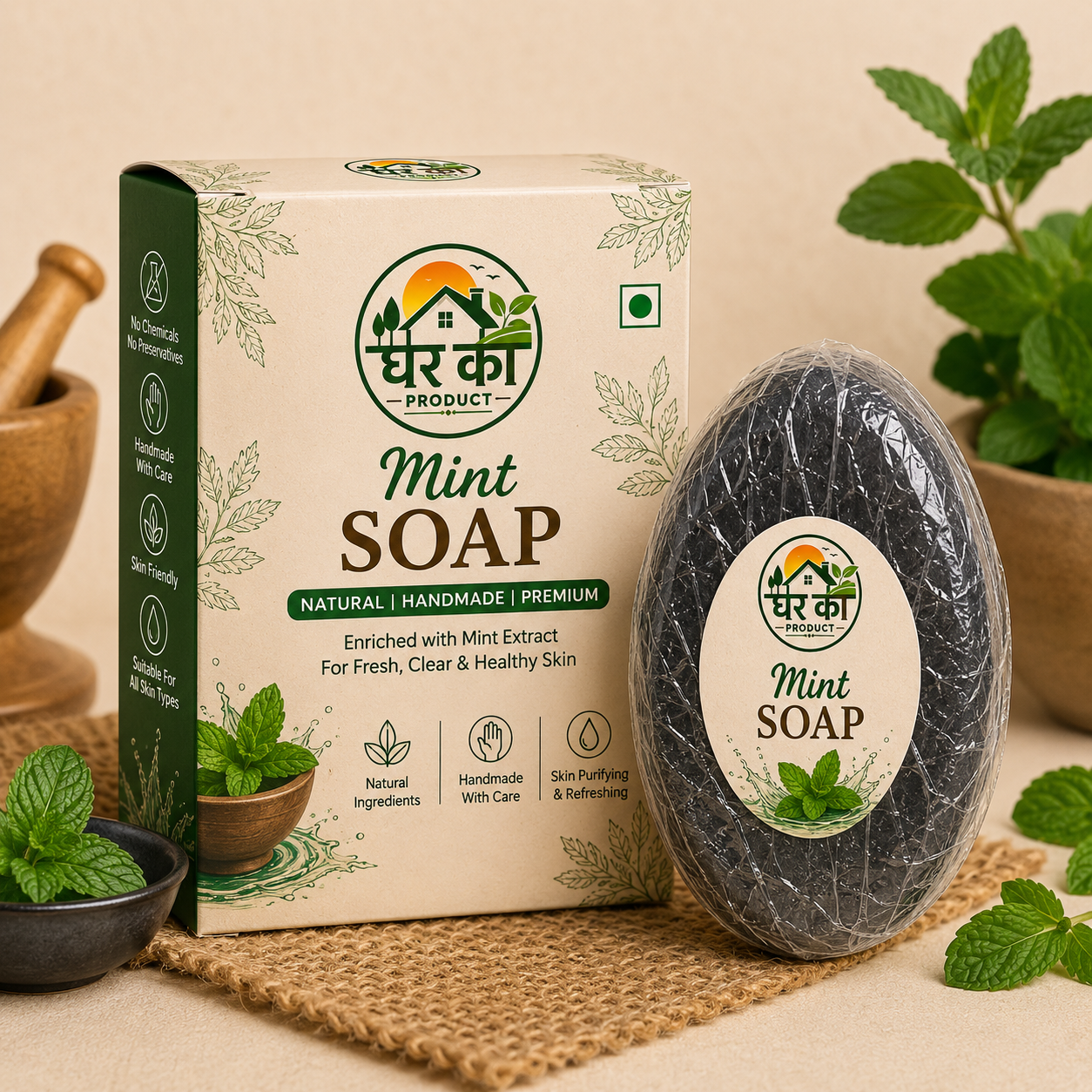 Natural Mint Soap by Ghar Ka Product handmade herbal soap with mint extract for fresh and healthy skin